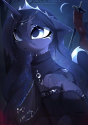 Size: 2349x3333 | Tagged: safe, artist:magnaluna, imported from derpibooru, princess luna, alicorn, pony, armor, clothes, crown, cute, female, flag, horn, jewelry, leaning, lunabetes, mare, moon, necklace, night, regalia, sitting, socks, solo, stockings, thigh highs, wing armor, wings