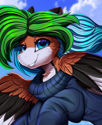 Size: 1446x1764 | Tagged: safe, artist:pridark, imported from derpibooru, oc, oc only, bust, clothes, cloud, commission, flying, portrait, sky, smiling, solo, sweater