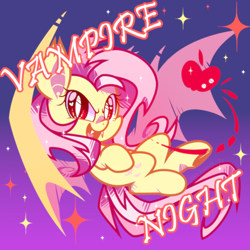 Size: 1000x1000 | Tagged: safe, artist:yokokinawa, imported from derpibooru, fluttershy, bat pony, apple, bat ponified, chibi, cute, fangs, flutterbat, food, race swap, shyabetes, sparkles