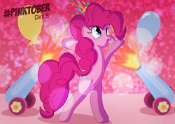 Size: 1754x1240 | Tagged: safe, artist:mrkat7214, imported from derpibooru, part of a set, pinkie pie, earth pony, pony, balloon, bipedal, confetti, female, mare, party cannon, solo