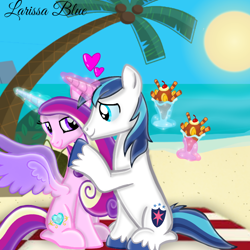 Size: 900x900 | Tagged: safe, artist:mlplary6, imported from derpibooru, princess cadance, shining armor, alicorn, pony, unicorn, beach, female, food, heart, honeymoon, husband and wife, looking at each other, looking at someone, male, mare, palm tree, smiling, smiling at each other, stallion, straight, sun, sundae, tree