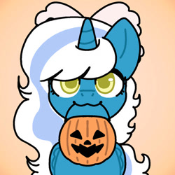 Size: 500x500 | Tagged: safe, artist:icedconfusion, imported from derpibooru, oc, oc:fleurbelle, alicorn, pony, alicorn oc, bow, female, hair bow, horn, looking at you, mare, mouth hold, orange background, pumpkin bucket, simple background, solo, wings, yellow eyes