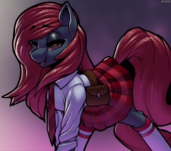 Size: 3230x2851 | Tagged: safe, artist:asme, imported from derpibooru, oc, oc only, oc:jessi-ka, earth pony, pony, bag, clothes, eyebrows visible through hair, female, lidded eyes, looking at you, mare, necktie, open mouth, saddle bag, school uniform, schoolgirl, skirt, smiling, smiling at you, socks, solo