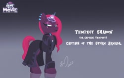 Size: 2574x1628 | Tagged: safe, artist:bearmation, imported from derpibooru, tempest shadow, pony, unicorn, alternate hairstyle, broken horn, clothes, coat, female, gradient background, horn, mare, name, solo, story included, text