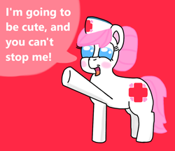 Size: 996x861 | Tagged: artist needed, source needed, safe, imported from derpibooru, nurse redheart, earth pony, pony, blushing, cute, dialogue, female, hat, heartabetes, mare, no pupils, nurse hat, open mouth, raised hoof, red background, requested art, simple background, smiling, solo, speech bubble