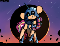 Size: 2600x2000 | Tagged: safe, artist:ronin20181, imported from derpibooru, sunny starscout, earth pony, pony, spoiler:g5, spoiler:my little pony: tell your tale, spoiler:tyts01e30, female, g5, grin, high res, mane stripe sunny, mare, my little pony: tell your tale, nightmare moon armor, nightmare night party, nightmare sunny, smiling, solo