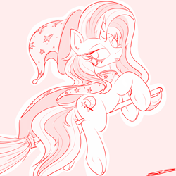 Size: 4000x4000 | Tagged: safe, artist:ser-p, imported from derpibooru, trixie, pony, unicorn, absurd resolution, broom, cape, clothes, female, flying, flying broomstick, hat, horn, lidded eyes, looking back, mare, monochrome, open mouth, open smile, smiling, solo, trixie's cape, trixie's hat, underhoof