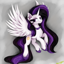 Size: 4000x4000 | Tagged: safe, artist:ser-p, imported from derpibooru, princess celestia, alicorn, pony, between dark and dawn, season 9, spoiler:s09, absurd resolution, alternate hairstyle, choker, female, flying, hoof shoes, horn, lidded eyes, looking at you, mare, punklestia, solo, spiked choker, spread wings, wings