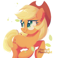 Size: 1080x1080 | Tagged: source needed, safe, artist:starfallmoonlight, imported from derpibooru, applejack, earth pony, pony, cowboy hat, cute, female, green eyes, hat, jackabetes, leaf, leaves, mare, running, simple background, solo, white background, yellow mane