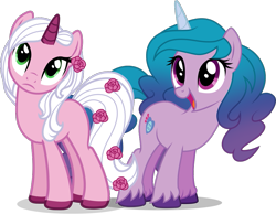 Size: 975x757 | Tagged: safe, artist:helenosprime, imported from derpibooru, izzy moonbow, pony, unicorn, spoiler:g5, spoiler:my little pony: make your mark, duo, duo female, female, g4, g5, g5 to g4, generation leap, mare, my little pony: make your mark, open mouth, rose (filly funtasia), simple background, transparent background, unshorn fetlocks