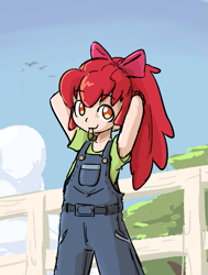 Size: 501x664 | Tagged: safe, artist:spheedc, imported from derpibooru, apple bloom, human, adorabloom, child, clothes, cute, fence, humanized, looking at you, mouth hold, overalls, raised arms, rubber band, shirt, smiling, solo, t-shirt, younger