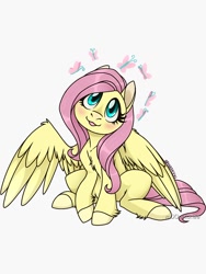 Size: 750x1000 | Tagged: safe, artist:m00nstonee, imported from derpibooru, fluttershy, butterfly, pegasus, pony, blushing, chest fluff, female, looking at something, looking up, mare, open mouth, open smile, simple background, sitting, smiling, solo, spread wings, unshorn fetlocks, white background, wings