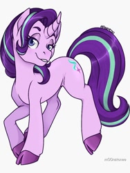 Size: 750x1000 | Tagged: safe, artist:m00nstonee, imported from derpibooru, starlight glimmer, unicorn, cloven hooves, curved horn, horn, lidded eyes, looking at you, raised hoof, simple background, smiling, solo, white background