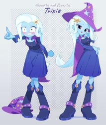 Size: 1023x1200 | Tagged: safe, artist:donuttypd, imported from derpibooru, trixie, human, equestria girls, blushing, cape, clothes, female, hat, looking at you, pointing, solo, trixie's hat