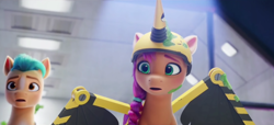 Size: 1920x875 | Tagged: safe, imported from derpibooru, screencap, hitch trailblazer, sunny starscout, earth pony, pony, spoiler:my little pony: a new generation, fake wings, female, g5, helmet, male, mare, my little pony: a new generation, stallion