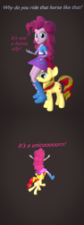 Size: 2250x6000 | Tagged: safe, artist:wissle, imported from derpibooru, pinkie pie, sunset shimmer, human, pony, unicorn, equestria girls, 2 panel comic, 3d, absurd resolution, blender, butt, comic, female, full comic, implied horn penetration, implied penetration, mare, meme, pinkie pie day, plot, simple background, sitting on person, sitting on pony, sound at source, youtube link