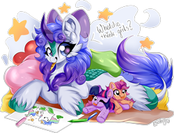 Size: 2482x1893 | Tagged: safe, artist:woonborg, imported from derpibooru, princess celestia, sunny starscout, twilight sparkle, oc, oc:angie, earth pony, kirin, pony, bow, crayons, cute, cutelestia, g5, hair bow, kirin oc, ocbetes, one eye closed, plushie, simple background, solo, squatpony, sunny and her heroine, tongue out, transparent background, twiabetes, twilight sparkle plushie, wink
