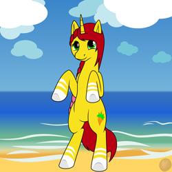 Size: 1980x1980 | Tagged: safe, alternate version, artist:terminalhash, imported from derpibooru, oc, oc:rouzfirecarrot, pony, unicorn, beach, bipedal, digital art, ocean, solo, summer, water