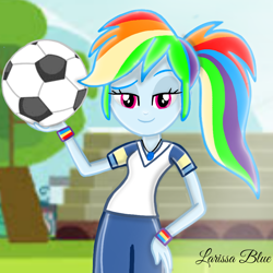 Size: 900x900 | Tagged: safe, artist:mlplary6, imported from derpibooru, rainbow dash, human, equestria girls, ball, clothes, cute, dashabetes, female, football, looking at you, smiling, smiling at you, solo, sports