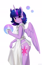 Size: 1332x2048 | Tagged: safe, artist:mrscroup, imported from derpibooru, twilight sparkle, alicorn, anthro, apron, blushing, breasts, clothes, coffee, coffee cup, cup, female, looking at you, naked apron, no tail, panties, partial nudity, reasonably sized breasts, simple background, smiling, solo, twilight sparkle (alicorn), underwear, white background