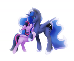 Size: 1280x1059 | Tagged: safe, artist:wifflethecatboi, imported from derpibooru, princess luna, twilight sparkle, alicorn, pony, female, lesbian, lidded eyes, looking at each other, looking at someone, open mouth, raised hoof, shipping, simple background, size difference, twilight sparkle (alicorn), twiluna, white background