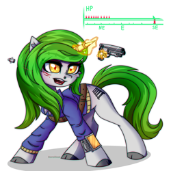 Size: 2500x2500 | Tagged: safe, artist:fluffywhirlpool, imported from derpibooru, oc, oc only, oc:electra green, pony, unicorn, fallout equestria, bullet, bullet wound, chest fluff, clothes, commission, eyebrow piercing, eyebrows, eyebrows visible through hair, eyeshadow, female, full body, glowing, glowing horn, green mane, green tail, grin, gun, handgun, horn, horn ring, jumpsuit, levitation, life bar, looking away, magic, magic aura, makeup, mare, nose piercing, open mouth, piercing, pipbuck, pistol, ring, shooting, simple background, smiling, solo, tail, telekinesis, unicorn oc, vault suit, weapon, white background, ych result