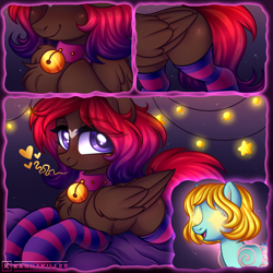 Size: 3010x3010 | Tagged: safe, artist:kannakiller, imported from derpibooru, oc, oc only, oc:bubble becky, oc:shaded star, pegasus, pony, bed, bedroom, bell, bell collar, blushing, chest fluff, choker, clothes, collar, comic, commission, cute, digital art, duo, duo female, female, fur, heart, light, looking at each other, looking at someone, looking at you, mare, smiling, socks, stars, stockings, striped socks, thigh highs, wingding eyes, wow, ych result