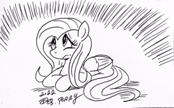 Size: 3714x2314 | Tagged: safe, artist:debmervin, imported from derpibooru, fluttershy, pegasus, pony, anxious, black and white, emanata, emotional, grayscale, ink drawing, lineart, monochrome, sad, solo, traditional art