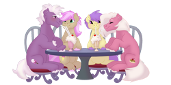 Size: 1280x640 | Tagged: safe, artist:itstechtock, imported from derpibooru, berry sweet, fuchsia frost, loganberry, strawberry scoop, earth pony, pony, chair, drinking, drinking straw, female, friendship student, looking at each other, looking at someone, male, mare, milkshake, simple background, sitting, stallion, table, transparent background, unshorn fetlocks