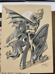 Size: 1536x2048 | Tagged: safe, artist:andypriceart, imported from derpibooru, princess luna, alicorn, human, batgirl, crossover, dc comics, duo, female, grayscale, grin, humans riding ponies, looking at you, mare, marker drawing, monochrome, open mouth, open smile, riding, riding a pony, smiling, traditional art