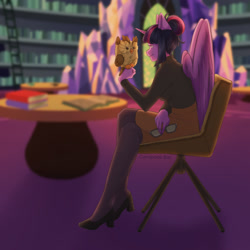 Size: 1280x1280 | Tagged: dead source, safe, artist:centipede.bat, imported from derpibooru, owlowiscious, twilight sparkle, alicorn, anthro, bird, owl, alternate hairstyle, book, bookshelf, chair, clothes, crossed legs, glasses, hair bun, high heels, library, perching, shoes, skirt, stockings, sweater, thigh highs, turtleneck, twilight sparkle (alicorn), twilight's castle, twilight's castle library