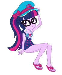 Size: 2400x2912 | Tagged: safe, artist:gmaplay, imported from derpibooru, sci-twi, twilight sparkle, human, equestria girls, equestria girls series, forgotten friendship, bare shoulders, clothes, glasses, hat, sailor hat, sandals, sci-twi swimsuit, simple background, sleeveless, solo, swimsuit, transparent background