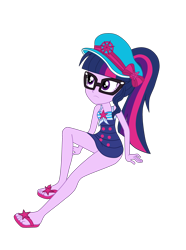 Size: 2900x3901 | Tagged: safe, artist:gmaplay, imported from derpibooru, sci-twi, twilight sparkle, human, equestria girls, equestria girls series, forgotten friendship, bare shoulders, clothes, feet, glasses, hat, sailor hat, sandals, sci-twi swimsuit, simple background, sleeveless, solo, swimsuit, transparent background