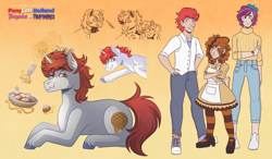 Size: 3202x1876 | Tagged: safe, artist:kikirdcz, imported from derpibooru, oc, oc only, oc:fan brush, oc:poffertje, oc:stroopwafeltje, human, pegasus, pony, unicorn, beret, clothes, dress, hat, humanized, lying down, magic, pants, ponycon holland, prone, shirt, sweater