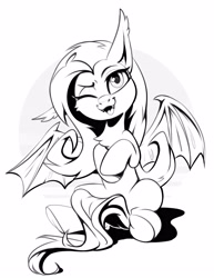 Size: 3000x3888 | Tagged: safe, artist:taneysha, imported from derpibooru, fluttershy, bat pony, pony, bat ponified, flutterbat, grayscale, inktober, inktober 2022, monochrome, one eye closed, race swap, smiling, solo, wink