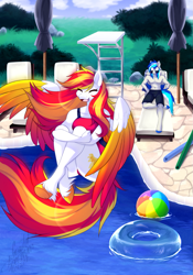 Size: 857x1226 | Tagged: safe, artist:scarlet-spectrum, imported from derpibooru, oc, oc only, oc:diamond sun, oc:hawker hurricane, anthro, pegasus, unguligrade anthro, ass, beach ball, butt, cannonball, clothes, commission, diving board, female, inner tube, male, mare, one-piece swimsuit, pinpoint eyes, stallion, sunglasses, swimming pool, swimsuit, wings