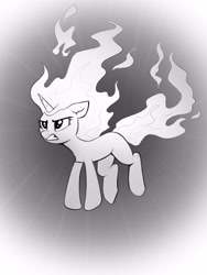 Size: 2904x3872 | Tagged: safe, artist:taneysha, imported from derpibooru, twilight sparkle, unicorn, angry, grayscale, inktober, inktober 2022, mane of fire, monochrome, rapidash twilight, solo, unicorn twilight