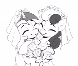 Size: 2492x2104 | Tagged: safe, artist:taneysha, imported from derpibooru, bon bon, lyra heartstrings, sweetie drops, earth pony, pony, unicorn, background pony, bouquet, canon ship, clothes, dress, duo, female, flower, grayscale, high res, inktober, inktober 2022, lesbian, lyrabon, mare, monochrome, shipping, wedding dress