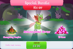 Size: 1274x856 | Tagged: safe, imported from derpibooru, arista, changedling, changeling, background changeling, bonfire, bundle, bush, costs real money, english, gameloft, gem, my little pony: magic princess, numbers, official, sale, solo, solo focus, text, wood
