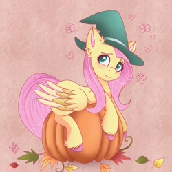 Size: 2169x2160 | Tagged: safe, artist:galaxy swirl, imported from derpibooru, fluttershy, pegasus, pony, blushing, colored hooves, colored wings, ear fluff, female, hat, heart, heart eyes, leaves, mare, pumpkin, smiling, solo, unshorn fetlocks, wingding eyes, winged hooves, wings, witch hat