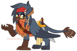 Size: 1000x670 | Tagged: safe, artist:jennieoo, imported from derpibooru, oc, oc:sparrow, griffon, clothes, cosplay, costume, patreon, patreon reward, pirate, show accurate, simple background, sketch, solo, transparent background