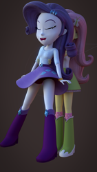 Size: 1080x1920 | Tagged: safe, artist:creatorofpony, artist:palmman529, edit, imported from derpibooru, fluttershy, rarity, human, equestria girls, 3d, boots, clothes, duo, female, laughing, pink socks, polka dot socks, shoes, skirt, skirt lift, tickling