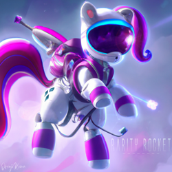 Size: 1024x1024 | Tagged: safe, artist:orenjikuma, imported from derpibooru, rarity, pony, unicorn, ai content, ai generated, astronaut, female, flying, helmet, jetpack, mare, solo, space, spacesuit