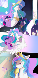 Size: 2048x4187 | Tagged: safe, artist:aztrial, imported from derpibooru, lemon hearts, minuette, princess celestia, spike, twilight sparkle, twinkleshine, alicorn, dragon, pony, unicorn, baby, baby dragon, baby spike, book, cake, cakelestia, caught red-handed, comforting, crying, cute, eating, female, filly, filly twilight sparkle, floppy ears, food, messy eating, nervous sweat, night, pastry, reading, starry eyes, story included, sweat, sweatdrop, test, that pony sure does love books, that pony sure does love cakes, tired, twiabetes, unicorn twilight, wingding eyes, younger, 🅱