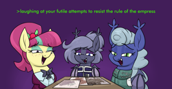 Size: 2466x1284 | Tagged: safe, artist:moonatik, imported from derpibooru, sour sweet, oc, oc:auburn leaf, oc:selenite, bat pony, earth pony, pony, equestria at war mod, abstract background, alternate timeline, bat pony oc, bowtie, cherry, clothes, equestria girls ponified, eyeshadow, fangs, food, freckles, greentext, laughing, laughingmares.jpg, makeup, map, map of equestria, military uniform, new lunar millennium, nightmare takeover timeline, ponified, purple background, shirt, simple background, smug, table, text, uniform