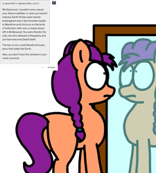 Size: 1275x1414 | Tagged: safe, artist:professorventurer, imported from derpibooru, sunny starscout, earth pony, pony, series:ask pippamena, braided ponytail, butt, female, g5, mare, mirror, plot, reflection, sunny starbutt