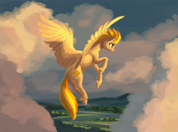 Size: 5000x3716 | Tagged: safe, artist:kirillk, imported from derpibooru, spitfire, pegasus, pony, cloud, commission, flying, scenery, solo, solo focus, spread wings, wings