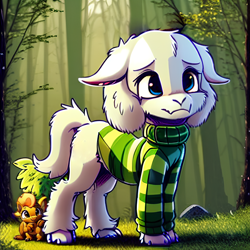 Size: 1024x1024 | Tagged: safe, editor:paracompact, imported from derpibooru, pony, squirrel, asriel dreemurr, forest, forest background, machine learning assisted, machine learning generated, ponified, purplesmart.ai, stable diffusion, undertale