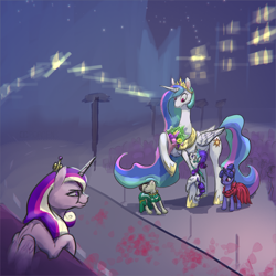 Size: 2400x2400 | Tagged: safe, artist:ciborgen, imported from derpibooru, princess cadance, princess celestia, rarity, alicorn, earth pony, pony, unicorn, a canterlot wedding, alternate scenario, bouquet, bouquet of flowers, bridesmaid dress, climbing, clothes, dress, female, flower, glare, height difference, high res, hoof hold, inktober, mare, night, reaching, tallestia