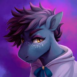 Size: 1680x1680 | Tagged: safe, artist:eggoatt, imported from twibooru, oc, oc only, unnamed oc, pony, abstract background, clothes, freckles, hoodie, image, male, png, solo, stallion